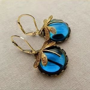 Azure Wings: Blue Crystal and Bronze-Gold Dragonfly Lever Back Earrings